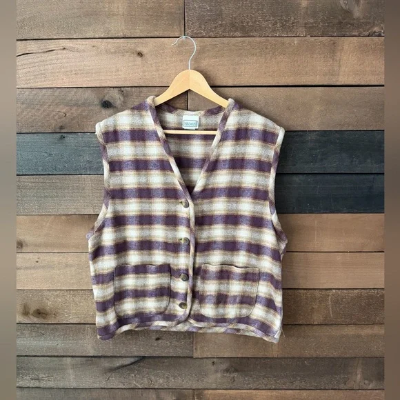 Vintage Plaid Wool Blend Button Front Vest Earth Tone Layered Folk Style - Picture 15 of 15